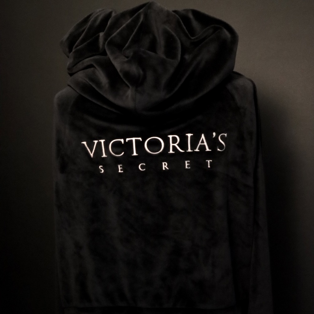Victoria’s Secret Black Velvet Long Sleeve Hoodie with VS Logo on Back